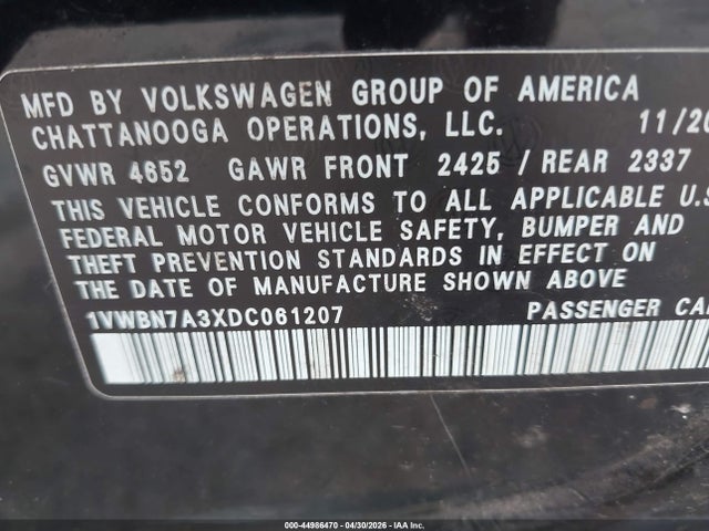 Продаж на аукціоні авто 2013 Volkswagen Passat 2.0l Tdi Se, vin: 1VWBN7A3XDC061207, номер лоту: 44986470