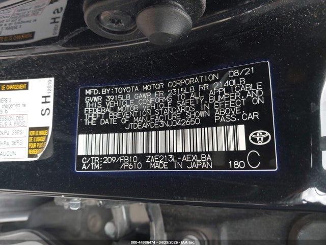 Aukcja sprzedaży 2022 Toyota Corolla Hybrid Le, vin: JTDEAMDE3NJ042650, numer aukcji: 44986474