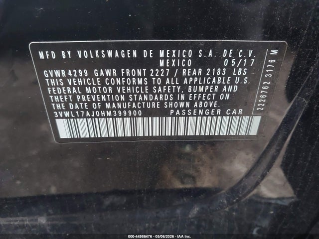 2017 Volkswagen Jetta 1.8t Sel/1.8t Sel Premium მანქანა იყიდება აუქციონზე, vin: 3VWL17AJ0HM399900, აუქციონის ნომერი: 44986476