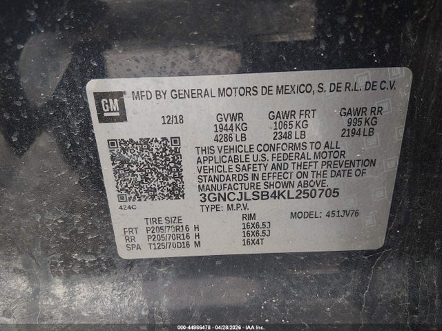 44986478 :رقم المزاد ، 3GNCJLSB4KL250705 vin ، 2019 Chevrolet Trax Lt مزاد بيع