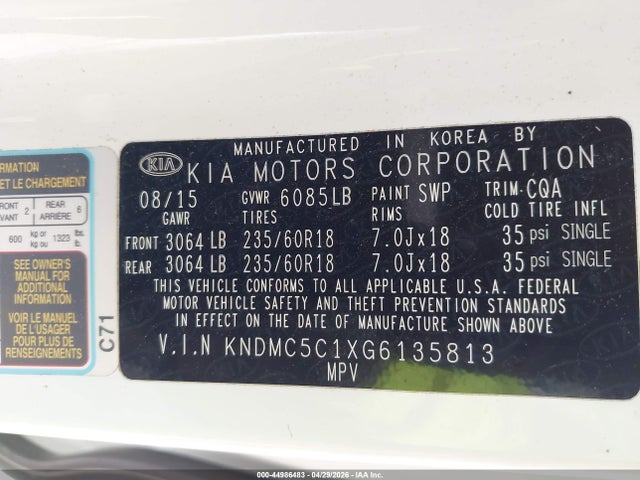 Aukcja sprzedaży 2016 Kia Sedona Ex, vin: KNDMC5C1XG6135813, numer aukcji: 44986483