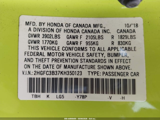 2019 Honda Civic Ex მანქანა იყიდება აუქციონზე, vin: 2HGFC3B37KH350123, აუქციონის ნომერი: 44986488