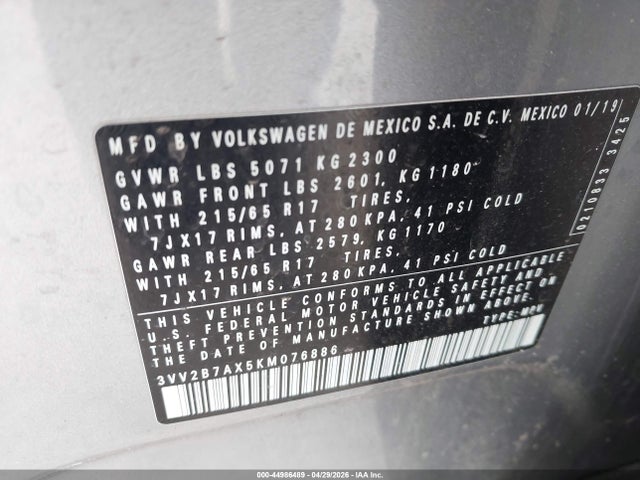 Продаж на аукціоні авто 2019 Volkswagen Tiguan 2.0t Se/2.0t Sel/2.0t Sel R-line/2.0t Sel R-line Black, vin: 3VV2B7AX5KM076886, номер лоту: 44986489
