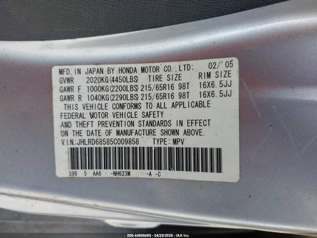 Продажа на аукционе авто 2005 Honda Cr-v Lx, vin: JHLRD68585C009858, номер лота: 44986495