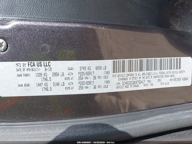 Продажа на аукционе авто 2019 Dodge Grand Caravan Gt, vin: 2C4RDGEG6KR752417, номер лота: 44986501