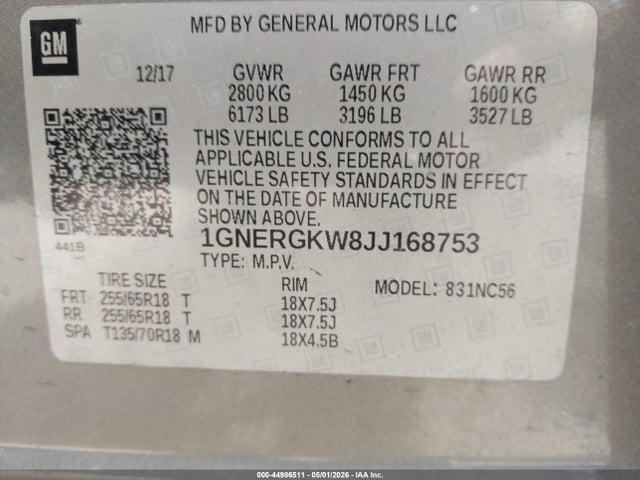 Продажа на аукционе авто 2018 Chevrolet Traverse 1lt, vin: 1GNERGKW8JJ168753, номер лота: 44986511