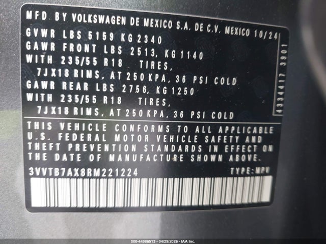Aukcja sprzedaży 2024 Volkswagen Tiguan 2.0t Wolfsburg Edition, vin: 3VVTB7AX8RM221224, numer aukcji: 44986513