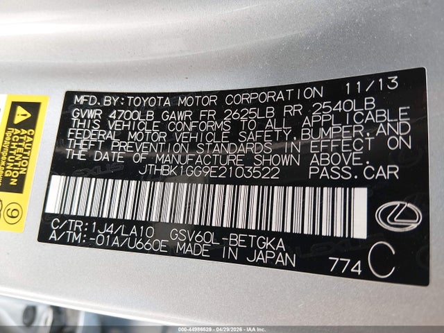 44986529 :رقم المزاد ، JTHBK1GG9E2103522 vin ، 2014 Lexus Es 350 مزاد بيع
