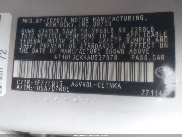 2010 Toyota Camry მანქანა იყიდება აუქციონზე, vin: 4T1BF3EK4AU537978, აუქციონის ნომერი: 44986540