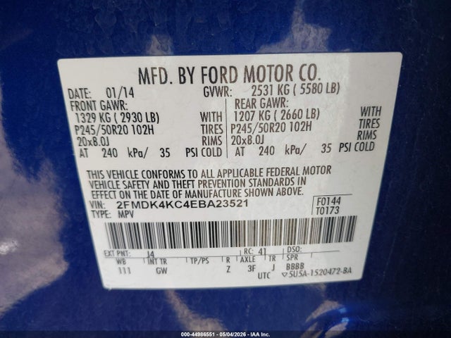 2014 Ford Edge Limited მანქანა იყიდება აუქციონზე, vin: 2FMDK4KC4EBA23521, აუქციონის ნომერი: 44986551