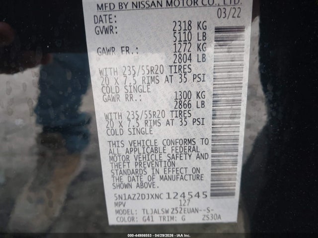 Продажа на аукционе авто 2022 Nissan Murano Platinum Fwd, vin: 5N1AZ2DJXNC124545, номер лота: 44986553