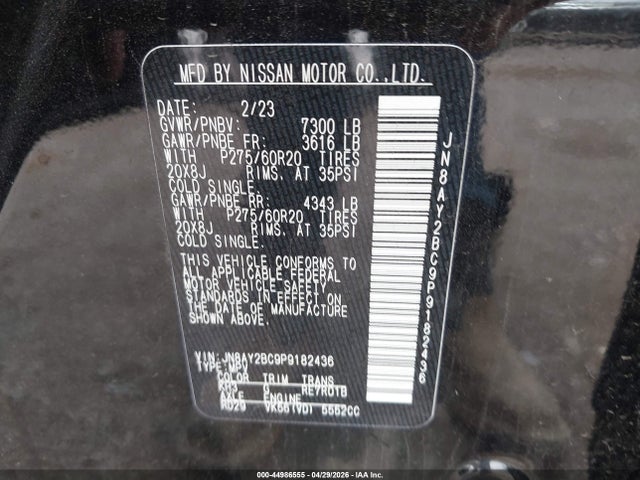 44986555 :رقم المزاد ، JN8AY2BC9P9182436 vin ، 2023 Nissan Armada Sl 2wd مزاد بيع