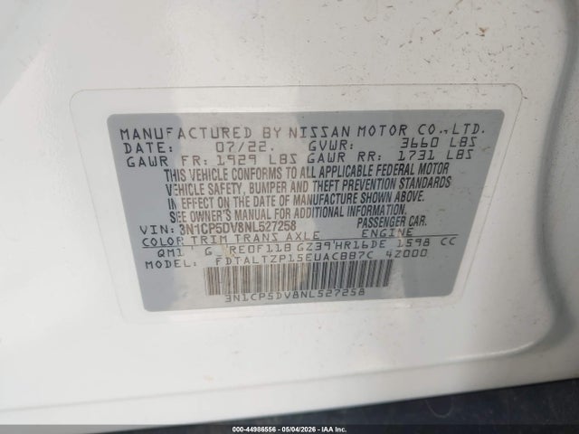 44986556 :رقم المزاد ، 3N1CP5DV8NL527258 vin ، 2022 Nissan Kicks Sr Xtronic Cvt مزاد بيع