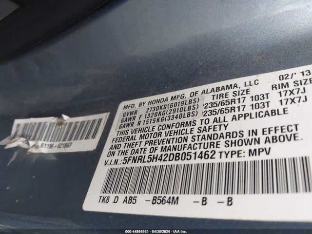 Aukcja sprzedaży 2013 Honda Odyssey Ex, vin: 5FNRL5H42DB051462, numer aukcji: 44986561