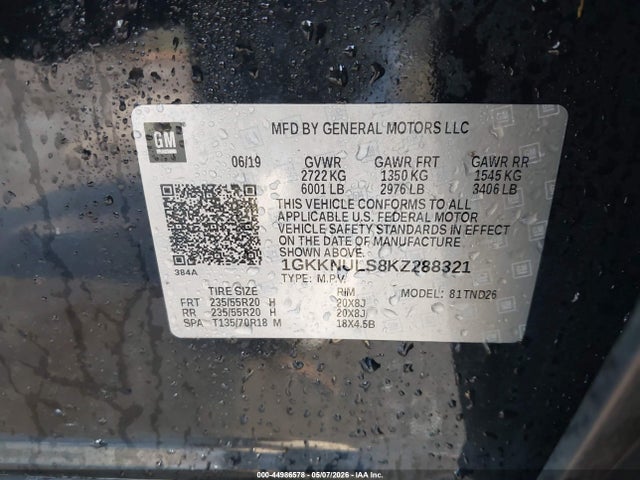 Продаж на аукціоні авто 2019 Gmc Acadia Slt-1, vin: 1GKKNULS8KZ288321, номер лоту: 44986578
