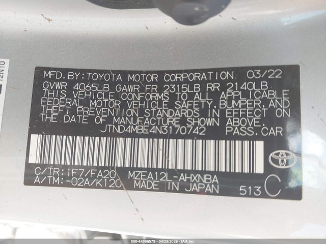 JTND4MBE4N3170742 Toyota COROLLA SE