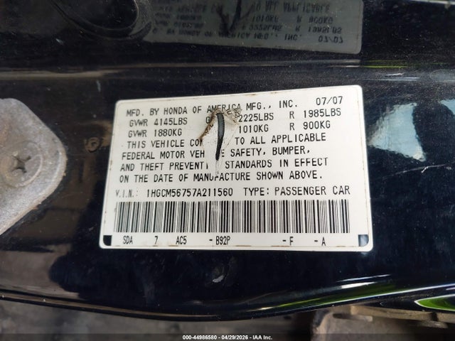Aukcja sprzedaży 2007 Honda Accord 2.4 Ex, vin: 1HGCM56757A211560, numer aukcji: 44986580