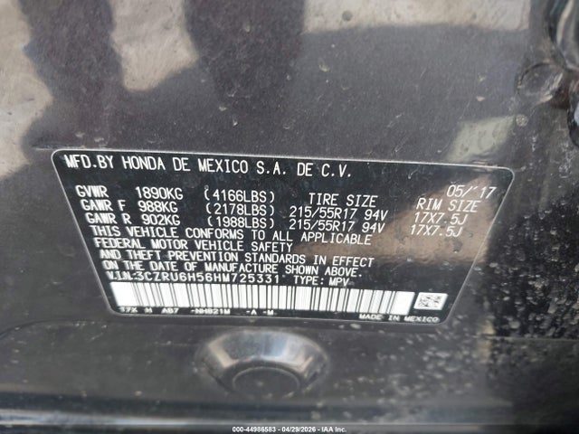2017 Honda Hr-v Ex მანქანა იყიდება აუქციონზე, vin: 3CZRU6H56HM725331, აუქციონის ნომერი: 44986583