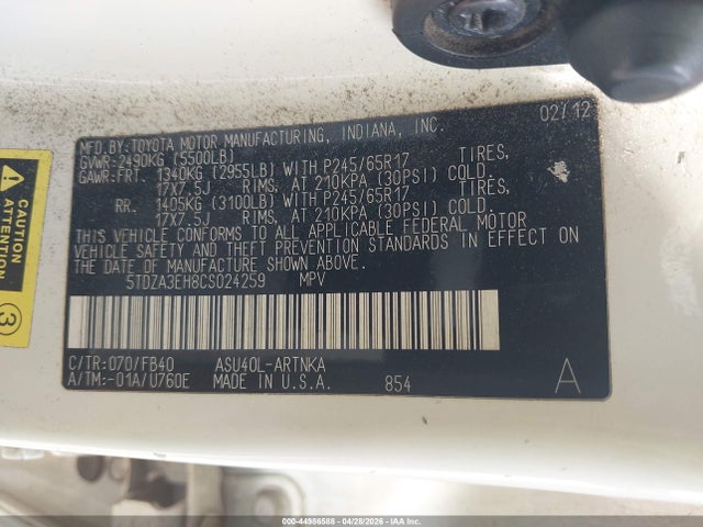 44986588 :رقم المزاد ، 5TDZA3EH8CS024259 vin ، 2012 Toyota Highlander مزاد بيع