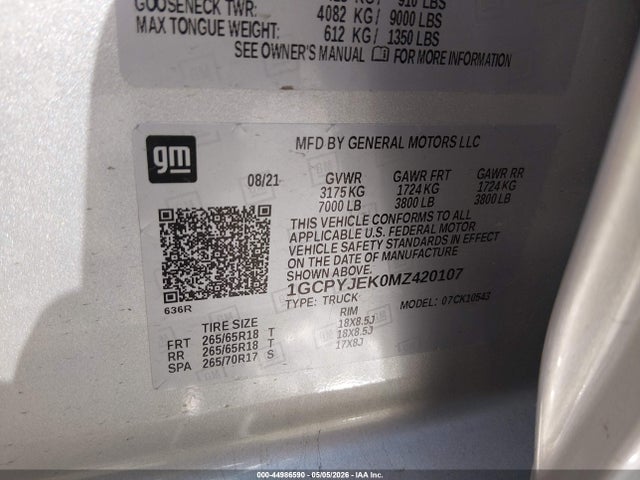 Aukcja sprzedaży 2021 Chevrolet Silverado 1500 4wd  Short Bed Lt With 2fl, vin: 1GCPYJEK0MZ420107, numer aukcji: 44986590