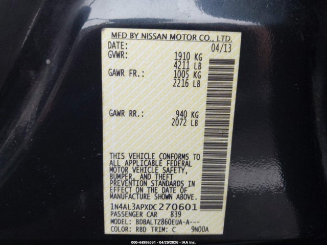 2013 Nissan Altima 2.5 Sv მანქანა იყიდება აუქციონზე, vin: 1N4AL3APXDC270601, აუქციონის ნომერი: 44986591