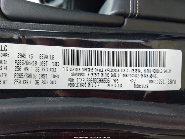Aukcja sprzedaży 2014 Jeep Grand Cherokee Limited, vin: 1C4RJFBG4EC366535, numer aukcji: 44986595