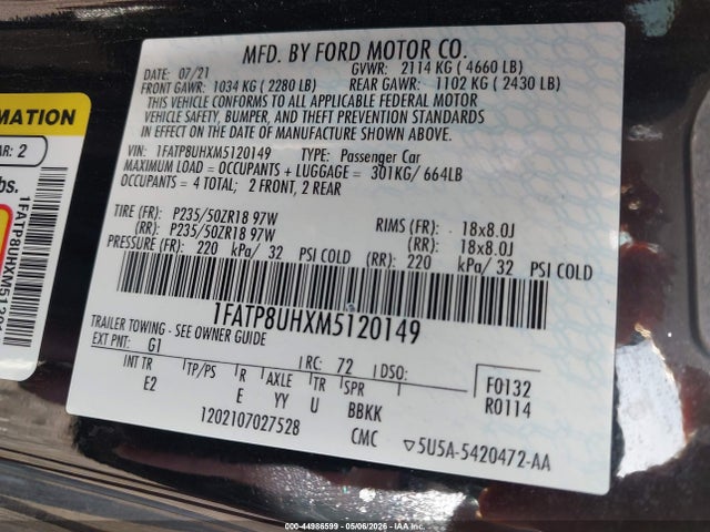 Aukcja sprzedaży 2021 Ford Mustang Ecoboost Premium, vin: 1FATP8UHXM5120149, numer aukcji: 44986599
