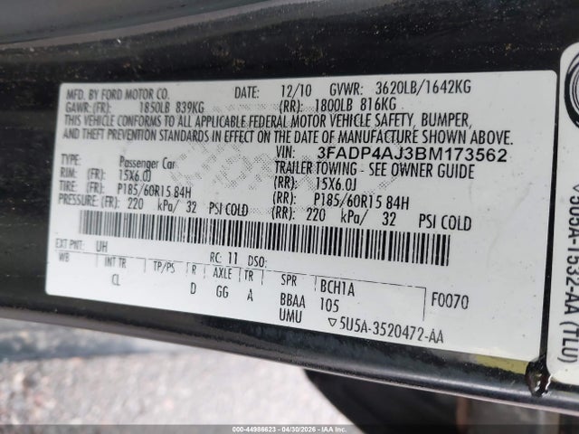 Aukcja sprzedaży 2011 Ford Fiesta S, vin: 3FADP4AJ3BM173562, numer aukcji: 44986623