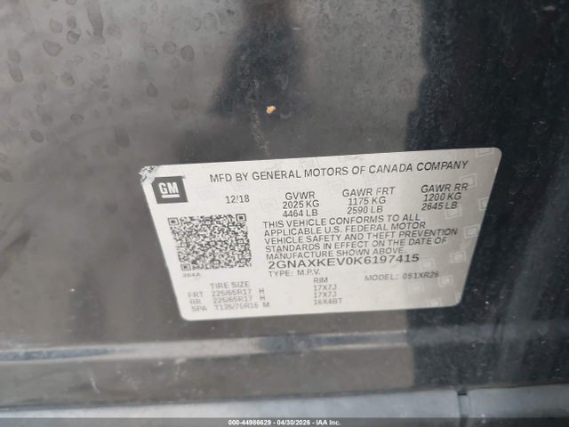 Продаж на аукціоні авто 2019 Chevrolet Equinox Lt, vin: 2GNAXKEV0K6197415, номер лоту: 44986629