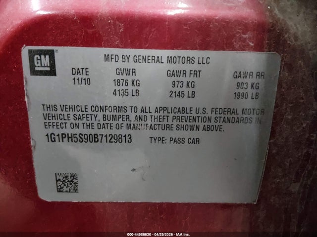 44986630 :رقم المزاد ، 1G1PH5S90B7129813 vin ، 2011 Chevrolet Cruze Ltz مزاد بيع