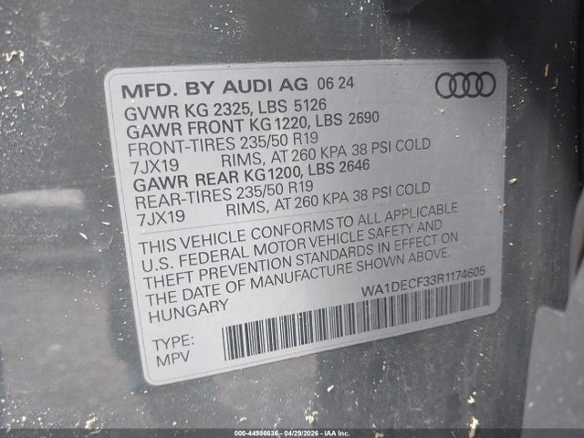Aukcja sprzedaży 2024 Audi Q3 Premium 45 Tfsi S Line Quattro Tiptronic, vin: WA1DECF33R1174605, numer aukcji: 44986636