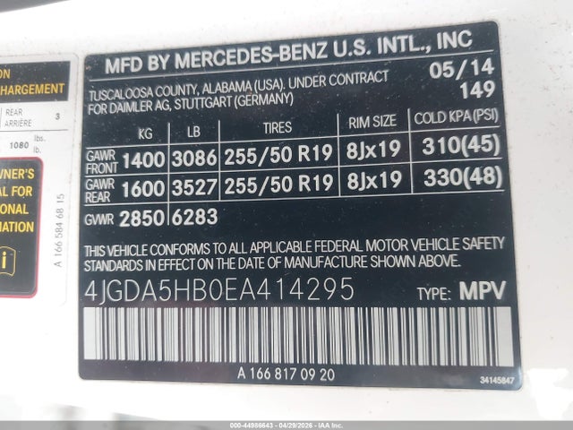 Aukcja sprzedaży 2014 Mercedes-benz Ml 350 4matic, vin: 4JGDA5HB0EA414295, numer aukcji: 44986643