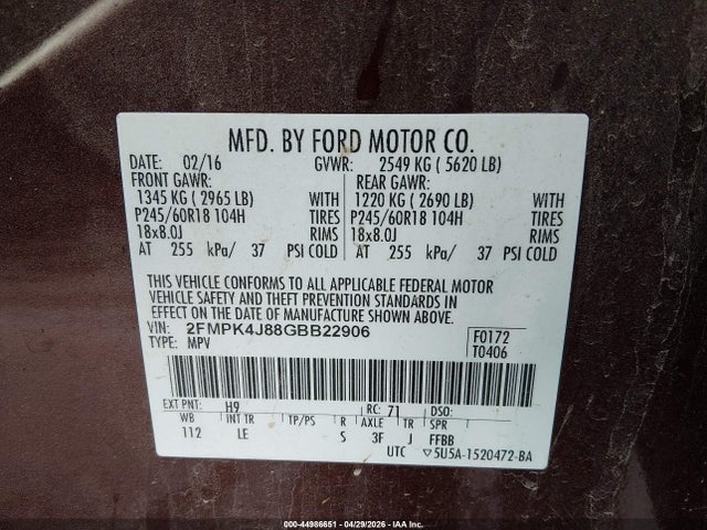 44986651 :رقم المزاد ، 2FMPK4J88GBB22906 vin ، 2016 Ford Edge Sel مزاد بيع