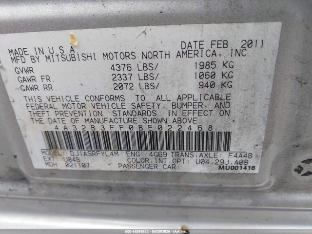 Продаж на аукціоні авто 2011 Mitsubishi Galant Es/se, vin: 4A32B3FF0BE022468, номер лоту: 44986653