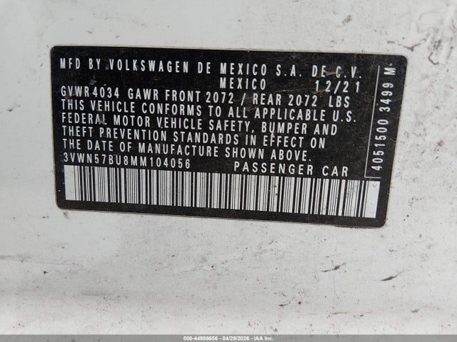 Aukcja sprzedaży 2021 Volkswagen Jetta 1.4t R-line/1.4t S, vin: 3VWN57BU8MM104056, numer aukcji: 44986656