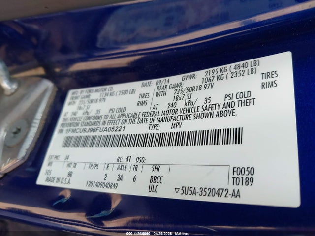 44986660 :رقم المزاد ، 1FMCU9J96FUA05221 vin ، 2015 Ford Escape Titanium مزاد بيع