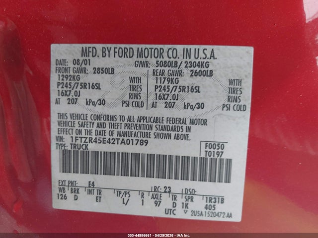 44986661 :رقم المزاد ، 1FTZR45E42TA01789 vin ، 2002 Ford Ranger Edge/xlt مزاد بيع