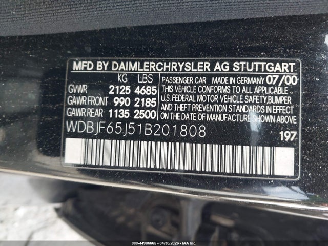 Aukcja sprzedaży 2001 Mercedes-benz E 320, vin: WDBJF65J51B201808, numer aukcji: 44986665