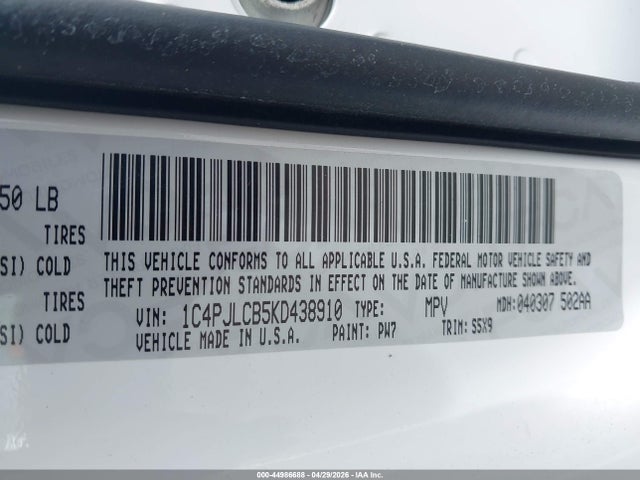 44986688 :رقم المزاد ، 1C4PJLCB5KD438910 vin ، 2019 Jeep Cherokee Latitude Fwd مزاد بيع