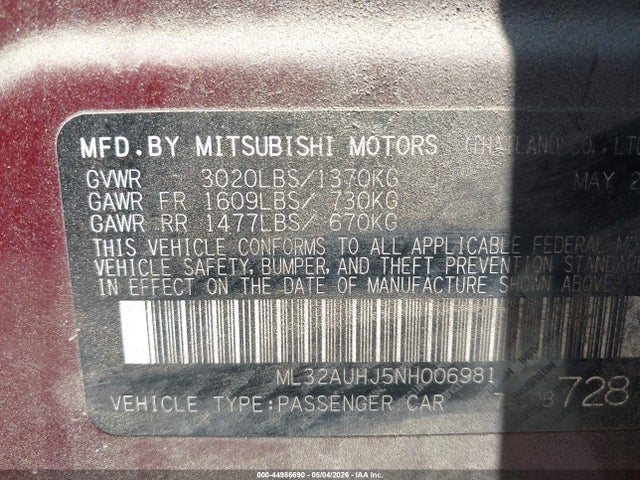 Aukcja sprzedaży 2022 Mitsubishi Mirage Le, vin: ML32AUHJ5NH006981, numer aukcji: 44986690