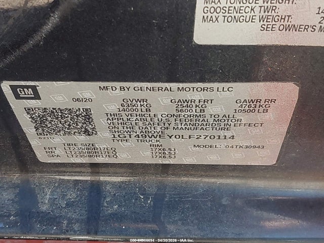 Продажа на аукционе авто 2020 Gmc Sierra 3500hd 4wd  Long Bed Denali, vin: 1GT49WEY0LF270114, номер лота: 44986694
