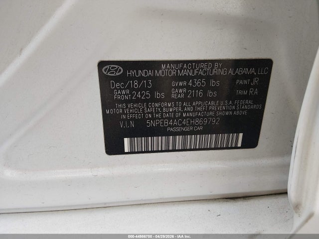 Aukcja sprzedaży 2014 Hyundai Sonata Gls, vin: 5NPEB4AC4EH869792, numer aukcji: 44986700