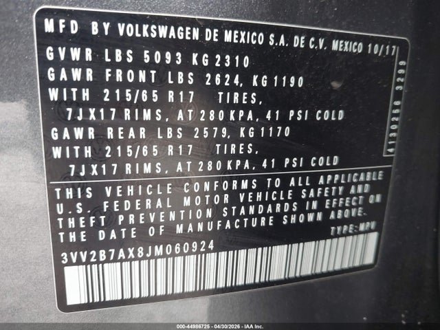 44986725 :رقم المزاد ، 3VV2B7AX8JM060924 vin ، 2018 Volkswagen Tiguan 2.0t Se/2.0t Sel مزاد بيع