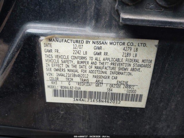 Aukcja sprzedaży 2008 Nissan Altima 2.5 S, vin: 1N4AL21E58N462012, numer aukcji: 44986727