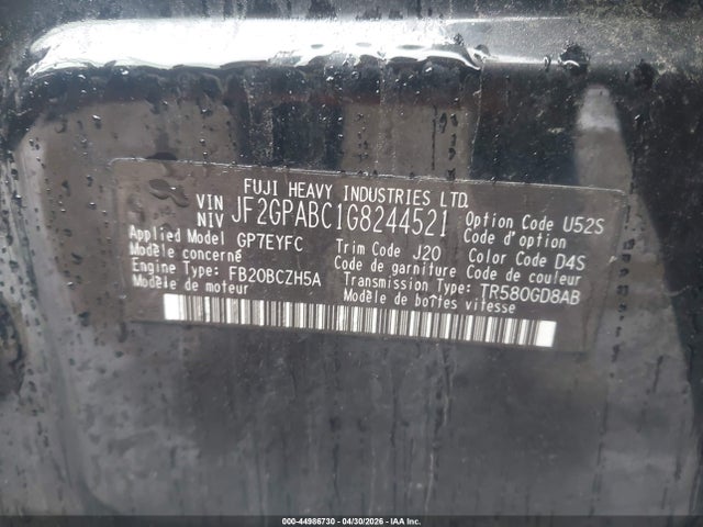 44986730 :رقم المزاد ، JF2GPABC1G8244521 vin ، 2016 Subaru Crosstrek 2.0i Premium مزاد بيع