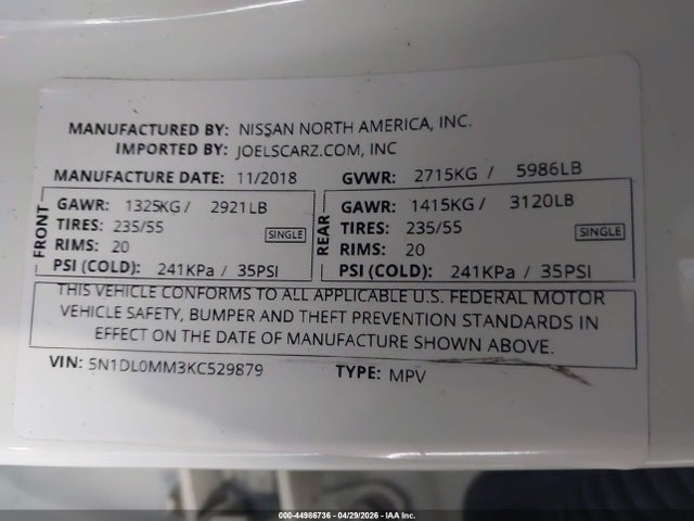 2019 Infiniti Qx60 Luxe/pure მანქანა იყიდება აუქციონზე, vin: 5N1DL0MM3KC529879, აუქციონის ნომერი: 44986736