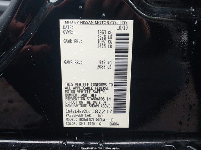 Aukcja sprzedaży 2020 Nissan Altima S Fwd, vin: 1N4BL4BV2LC187217, numer aukcji: 44986738