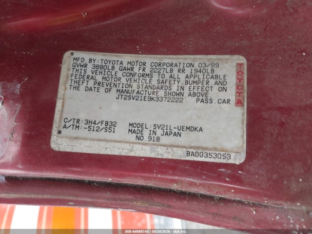 44986740 :رقم المزاد ، JT2SV21E9K3372222 vin ، 1989 Toyota Camry Dlx مزاد بيع
