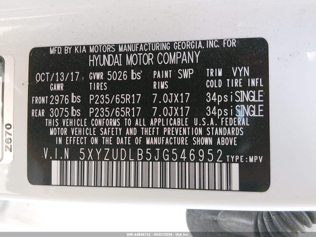 Aukcja sprzedaży 2018 Hyundai Santa Fe Sport 2.4l, vin: 5XYZUDLB5JG546952, numer aukcji: 44986742