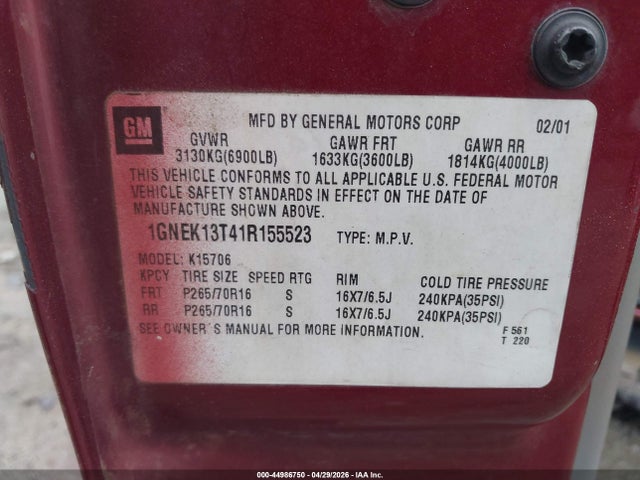 Auction sale of the 2001 Chevrolet Tahoe Lt, vin: 1GNEK13T41R155523, lot number: 44986750